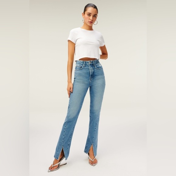 Good American Good Boy Long Twisted Slit Blue Straight Leg Jean - Picture 1 of 7